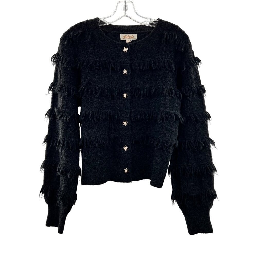 Listicle Tiered Fringe Button Up Cardigan Long Sleeve Black Size Small